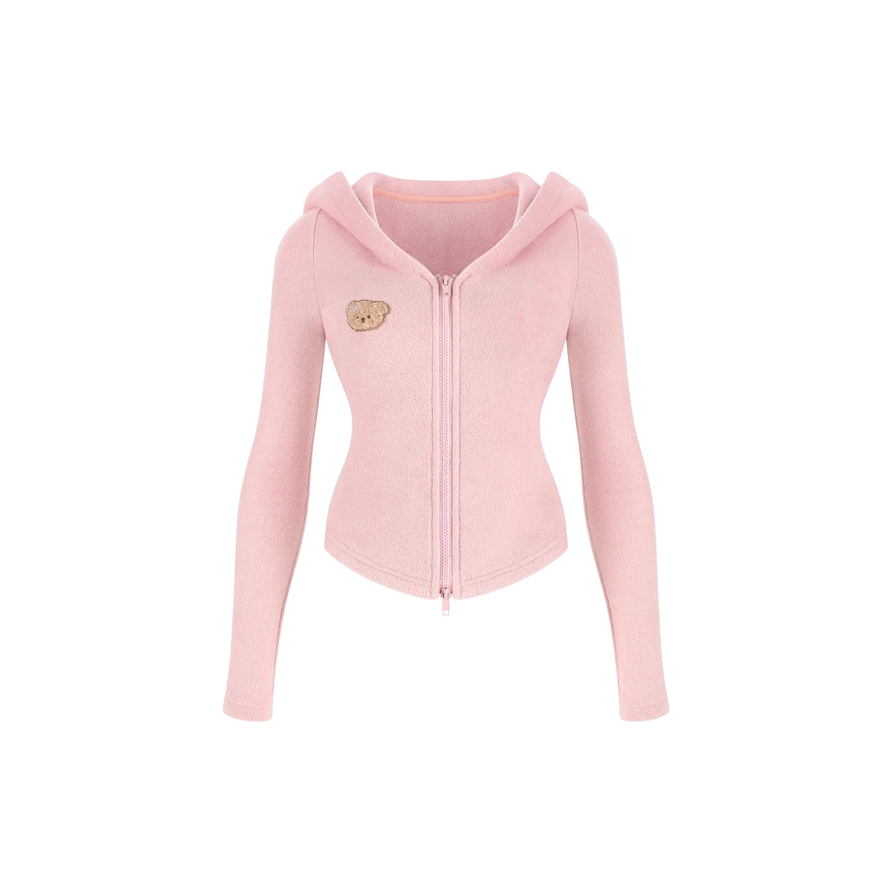 A light pink zip-up hoodie with long sleeves, a hood, and a small embroidered teddy bear face patch on the left chest, shown against a plain white background.