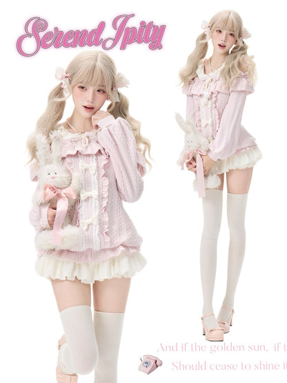 A fashion model with long blonde pigtails is shown in two poses wearing a pastel pink and white frilly Lolita-style outfit with thigh-high socks. The image has 'Serendipity' and decorative text on a plain white background.