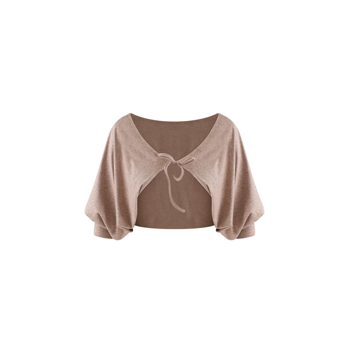 A light brown knit shrug or bolero with a scoop neckline, wide draped sleeves, and a front tie detail, shown against a plain white background.