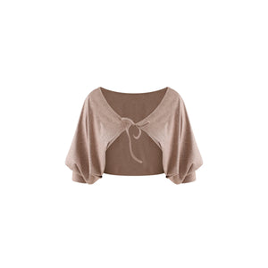 A light brown knit shrug or bolero with a scoop neckline, wide draped sleeves, and a front tie detail, shown against a plain white background.