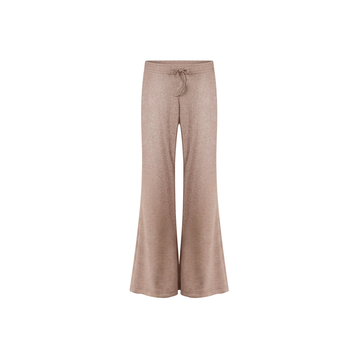 A pair of wide-leg knit pants in a heathered taupe-beige color, featuring an elastic waistband with a matching drawstring, shown against a plain white background.