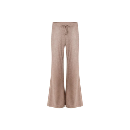 A pair of wide-leg knit pants in a heathered taupe-beige color, featuring an elastic waistband with a matching drawstring, shown against a plain white background.