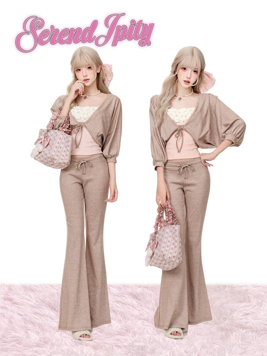 Serendipity Pine Chestnut Coffee Brown Cardigan Pink Cami Pants Three Piece Set