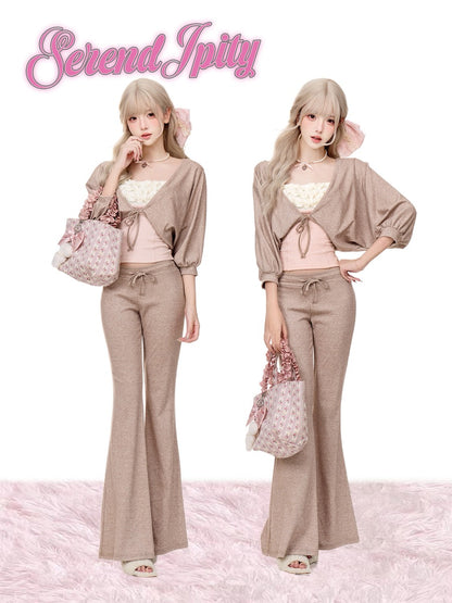 Serendipity Pine Chestnut Coffee Brown Cardigan Pink Cami Pants Three Piece Set