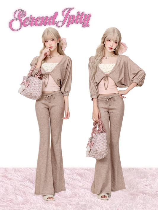 Serendipity Pine Chestnut Coffee Brown Cardigan Pink Cami Pants Three Piece Set