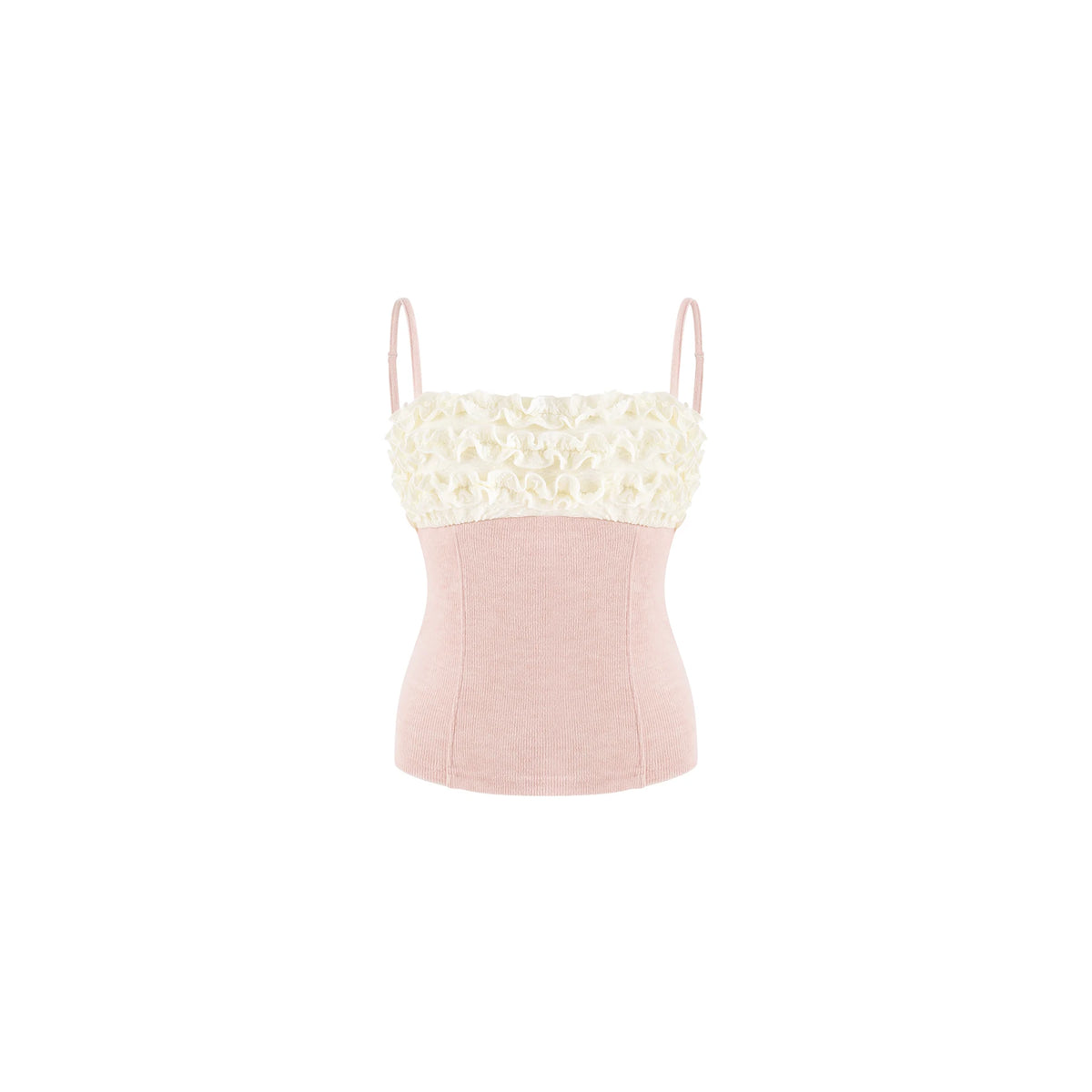 A light pink camisole top with a textured cream lace bust and thin shoulder straps, shown against a plain white background.