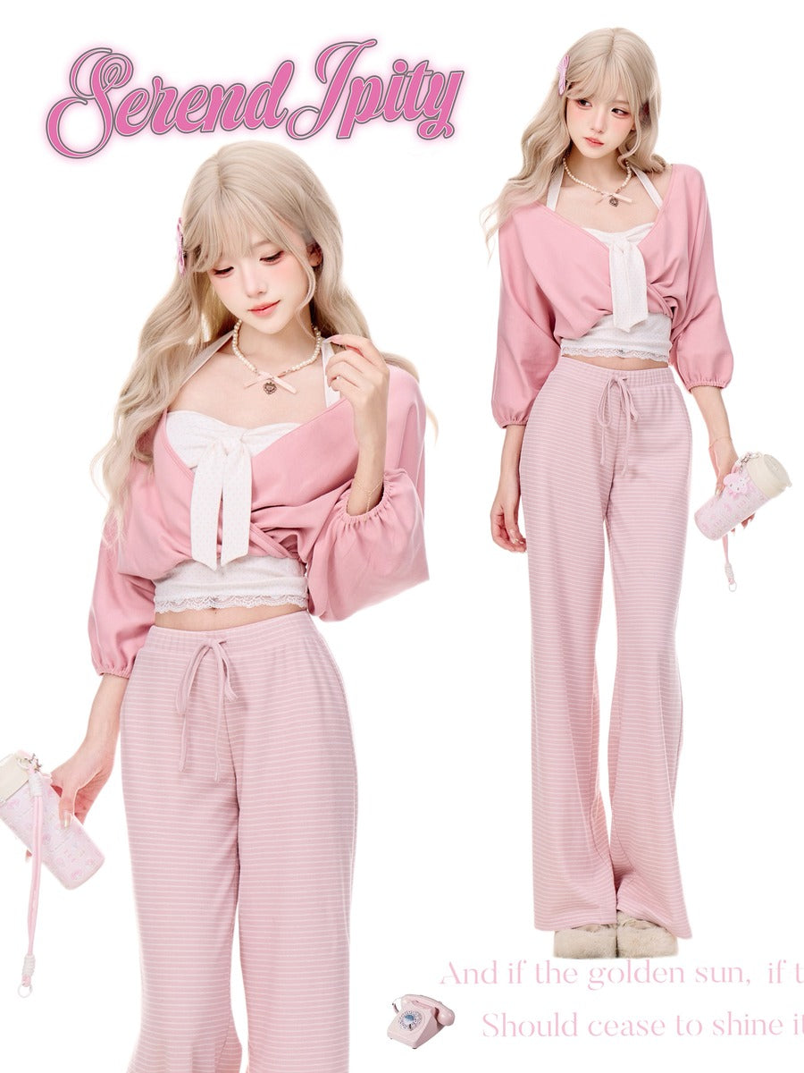 Serendipity Pink Dream Journey Cardigan White Cami Pants Three Piece Set