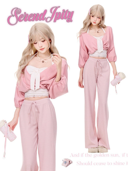 Serendipity Pink Dream Journey Cardigan White Cami Pants Three Piece Set