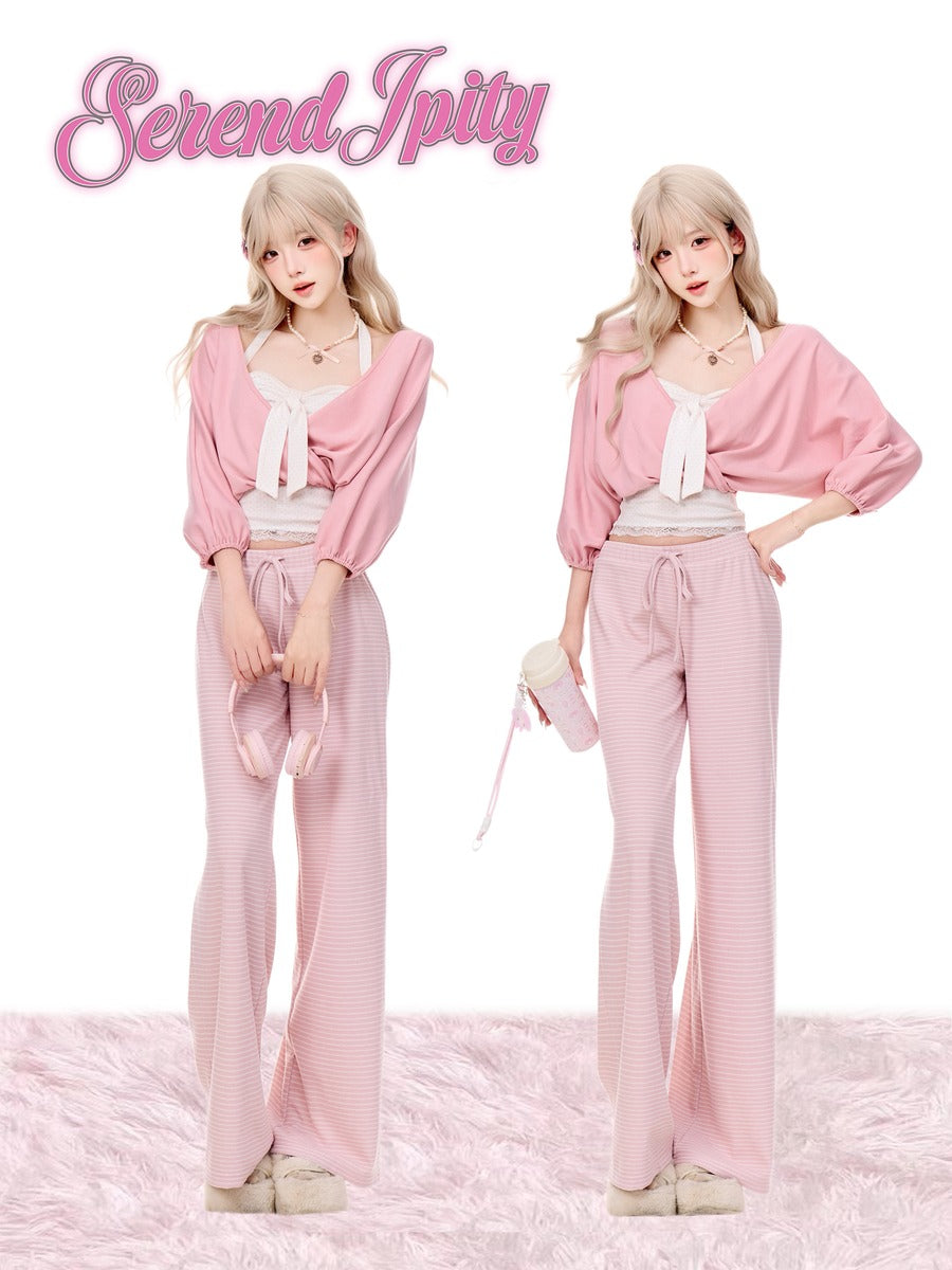Serendipity Pink Dream Journey Cardigan White Cami Pants Three Piece Set