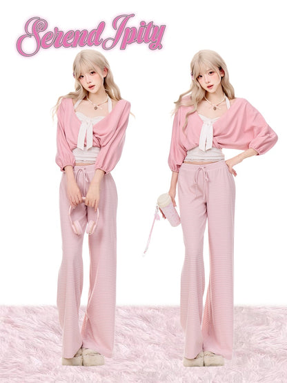Serendipity Pink Dream Journey Cardigan White Cami Pants Three Piece Set