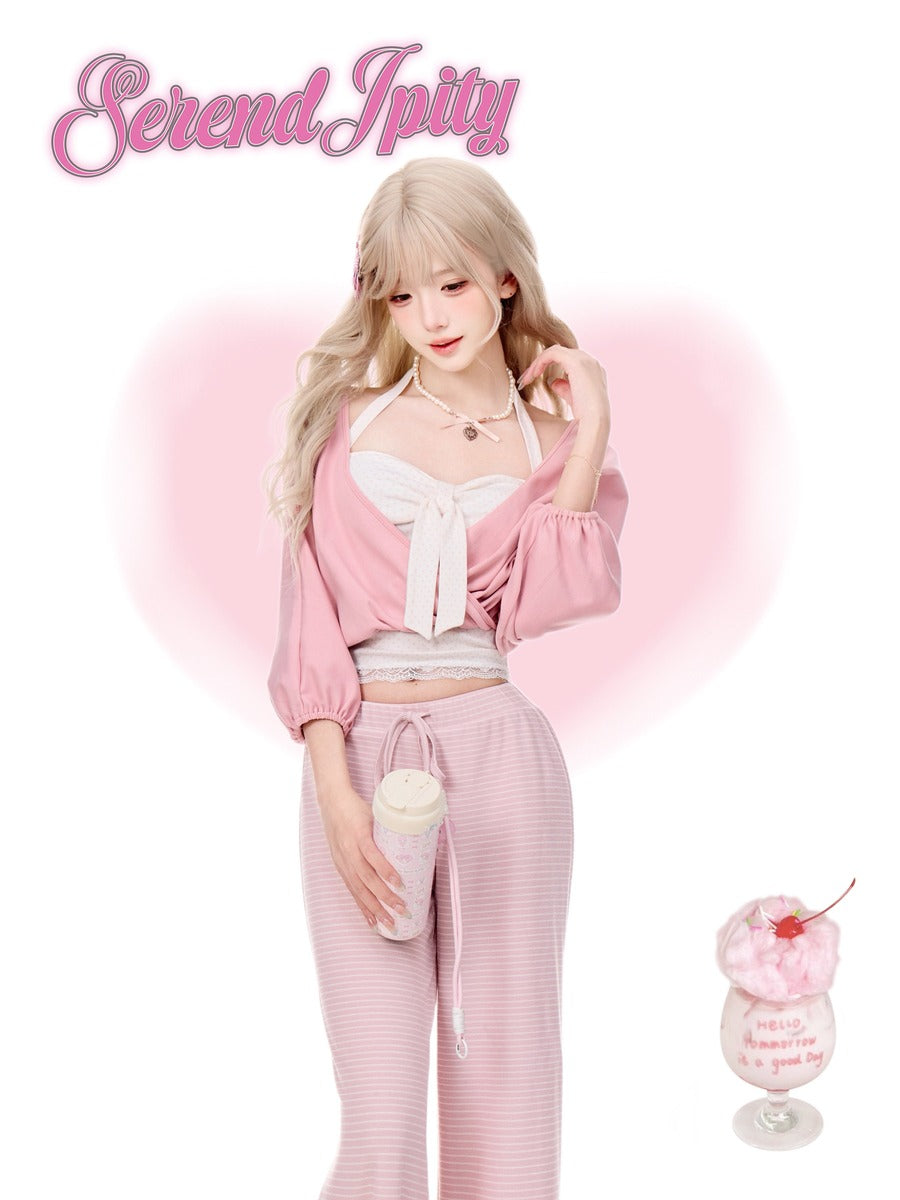 Serendipity Pink Dream Journey Cardigan White Cami Pants Three Piece Set
