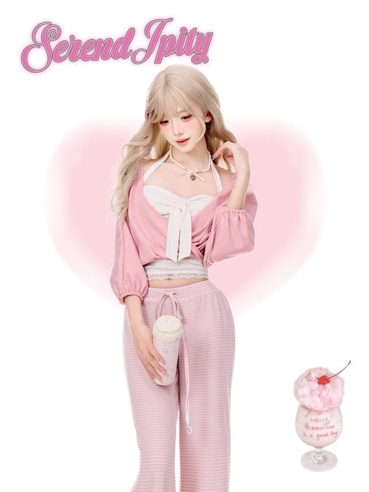 Serendipity Pink Dream Journey Cardigan White Cami Pants Three Piece Set