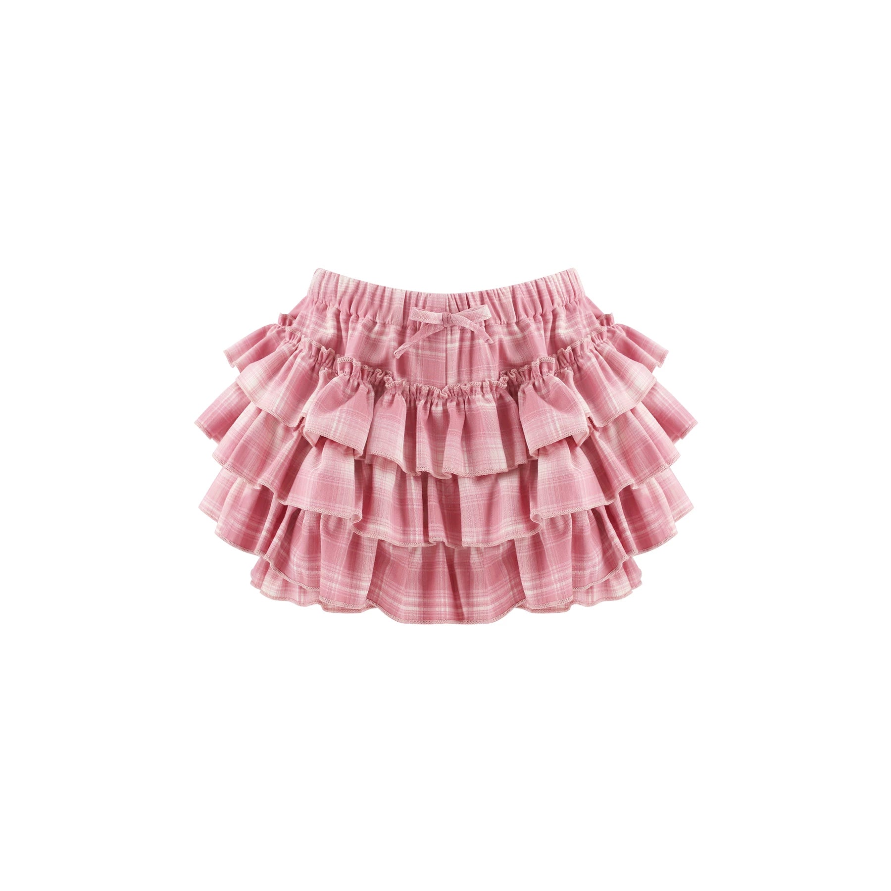 A pink tiered ruffle skirt with a subtle plaid pattern, featuring an elastic waistband and a small bow detail at the center front, shown against a plain white background.