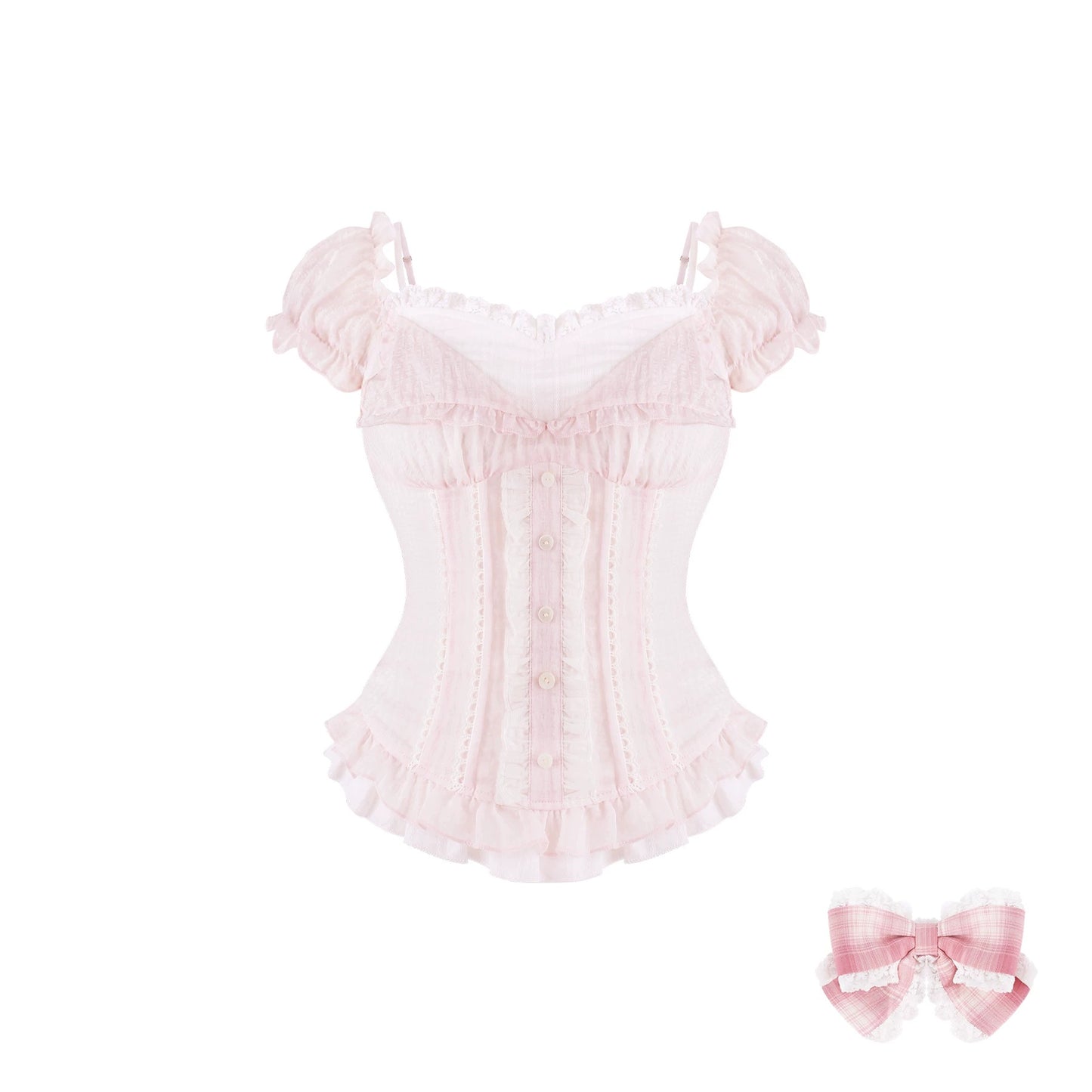 A light pink ruffled lace corset top with puff sleeves and a sweetheart neckline, shown on a plain white background with a matching pink gingham bow accessory in the lower right corner.