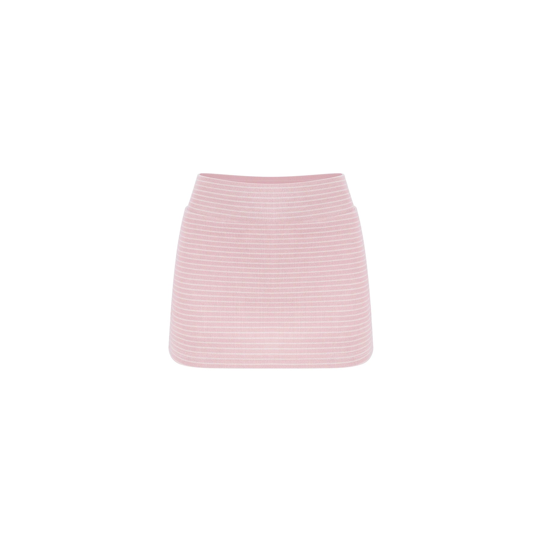 A light pink ribbed mini skirt with thin white horizontal stripes, shown flat against a solid white background.