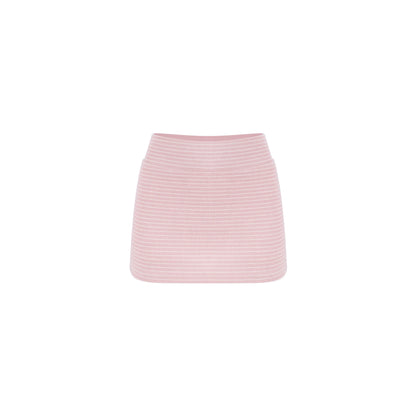 A light pink ribbed mini skirt with thin white horizontal stripes, shown flat against a solid white background.