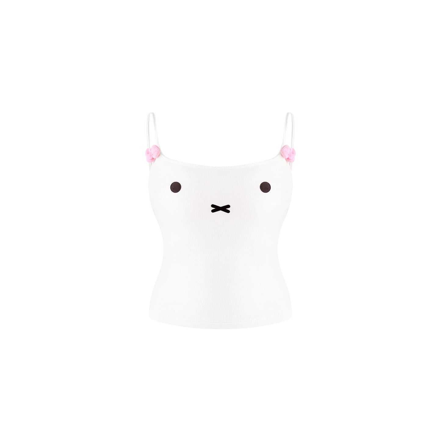 A white camisole tank top with a minimalist black face rabbit graphic on the front and small pink bows on the thin shoulder straps, shown against a plain white background.