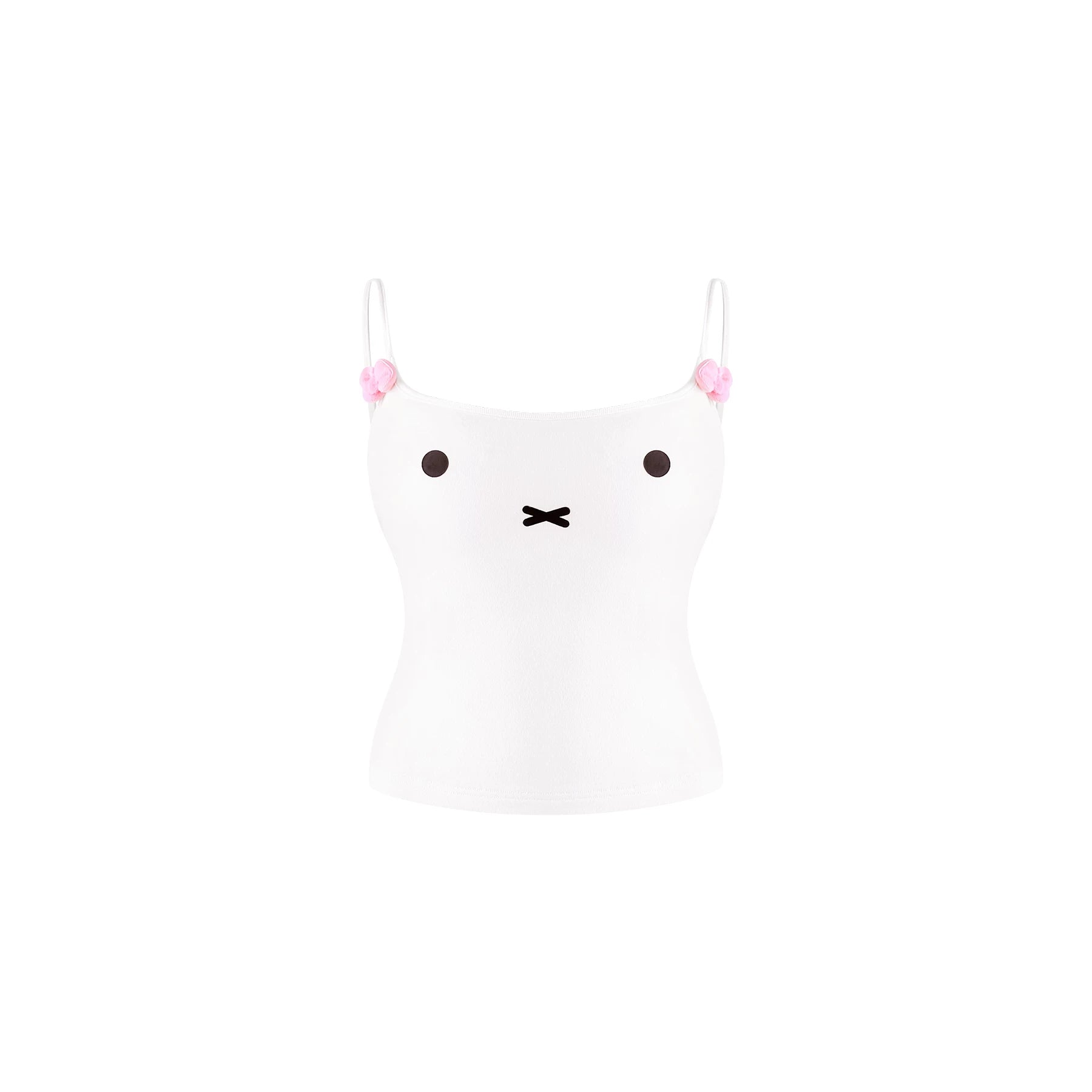 A white camisole tank top with a minimalist black face rabbit graphic on the front and small pink bows on the thin shoulder straps, shown against a plain white background.