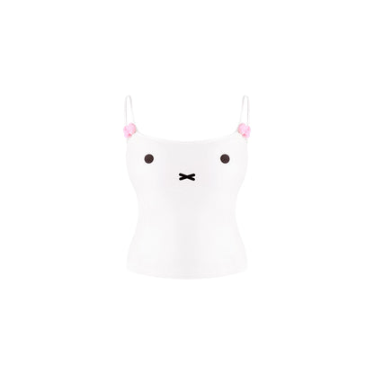 A white camisole tank top with a minimalist black face rabbit graphic on the front and small pink bows on the thin shoulder straps, shown against a plain white background.
