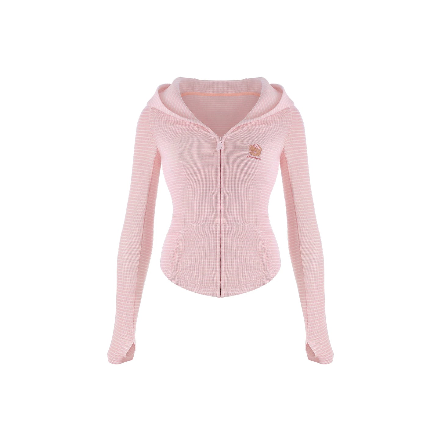 A light pink long-sleeve zip-up hoodie with subtle horizontal ribbed texture and a small embroidered logo on the left chest, displayed on a clean white background.