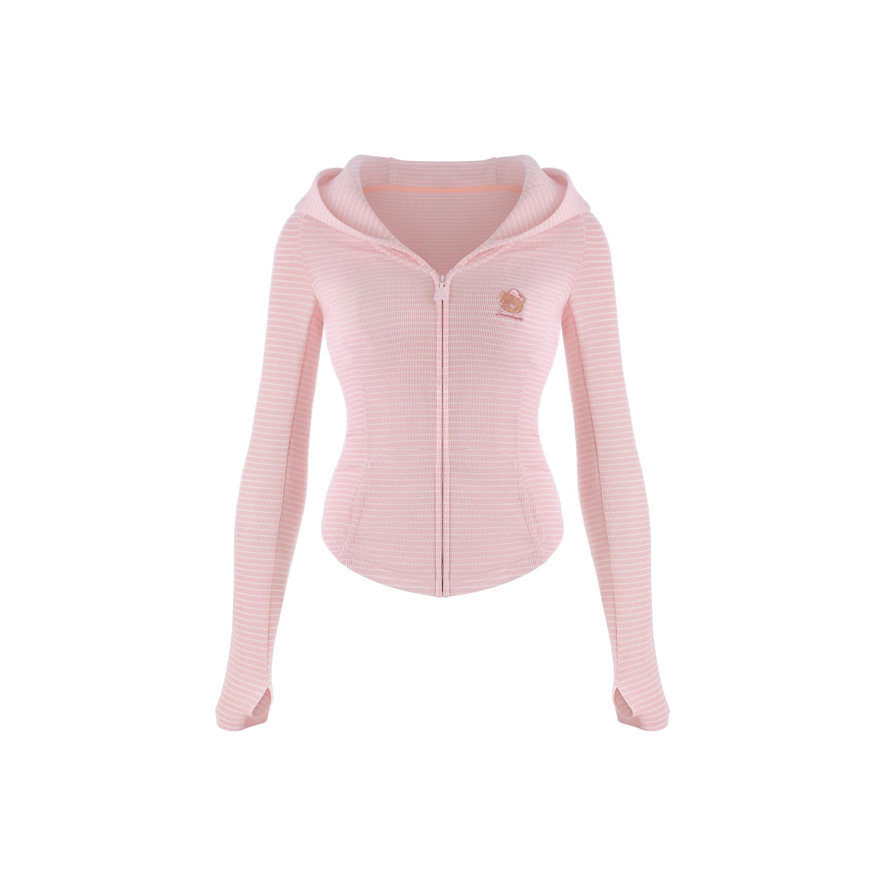 A light pink long-sleeve zip-up hoodie with subtle horizontal ribbed texture and a small embroidered logo on the left chest, displayed on a clean white background.