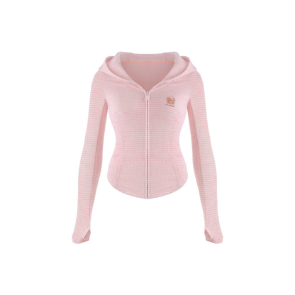 A light pink long-sleeve zip-up hoodie with subtle horizontal ribbed texture and a small embroidered logo on the left chest, displayed on a clean white background.