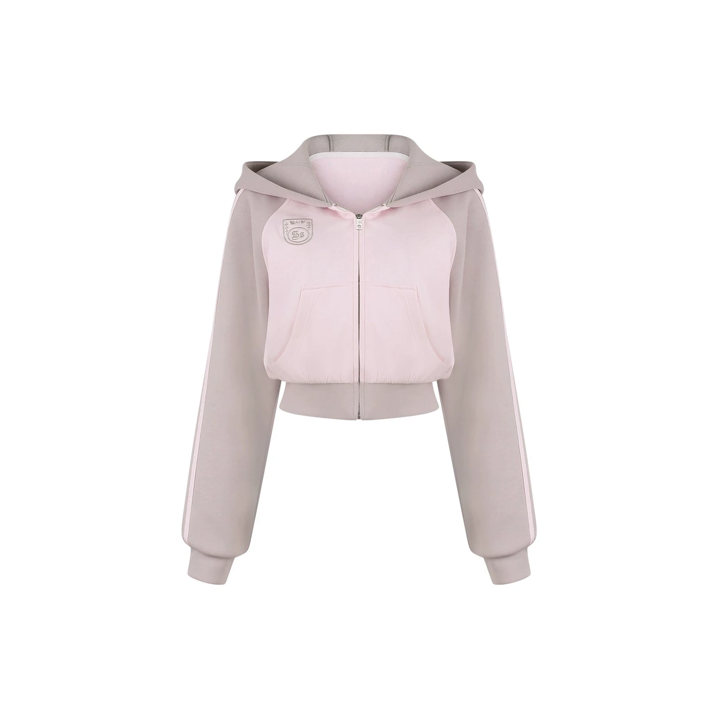 Two-tone gray and pink hoodie on a white background