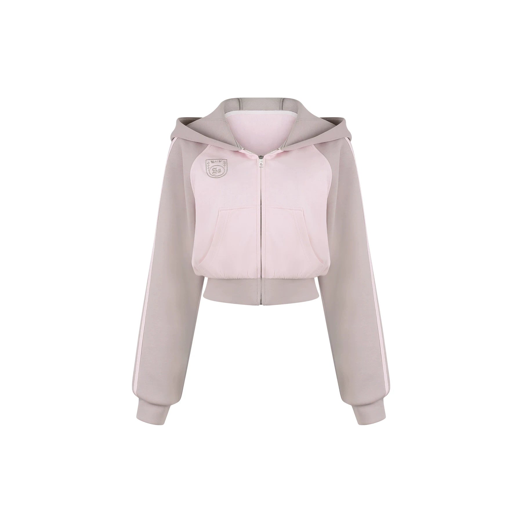 Two-tone gray and pink hoodie on a white background