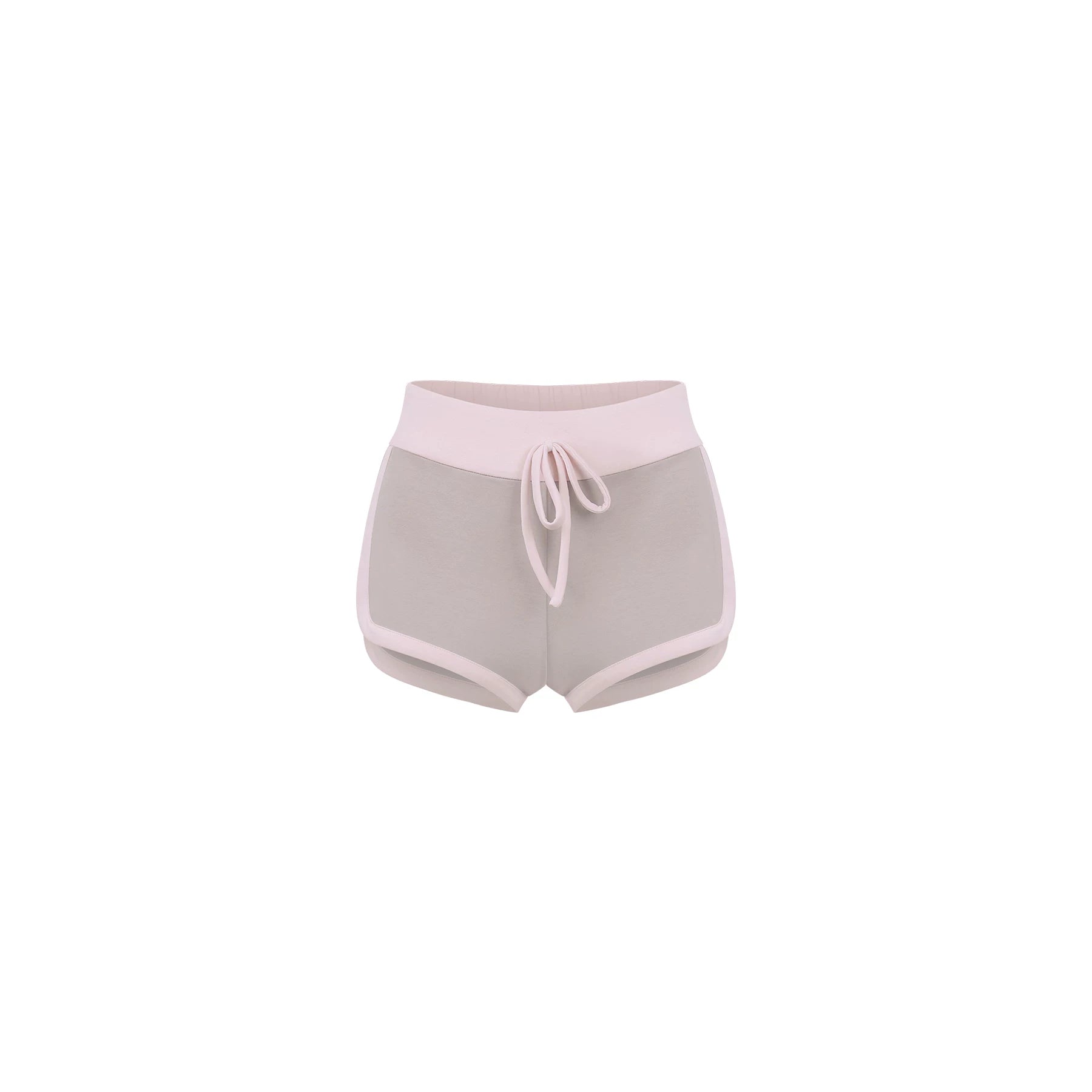 Gray shorts with pink waistband and drawstring on a white background