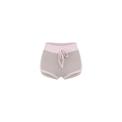 Gray shorts with pink waistband and drawstring on a white background
