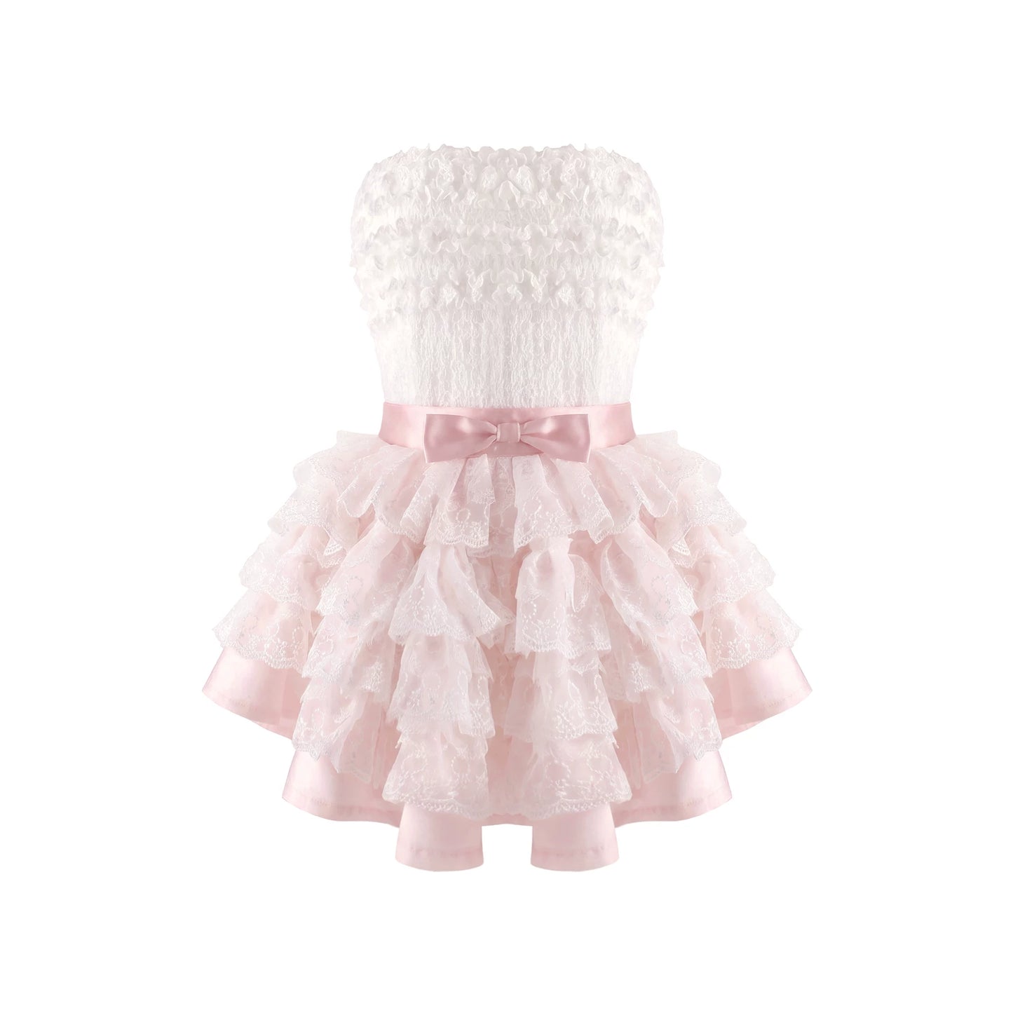 White lace dress with a pink ribbon on a white background