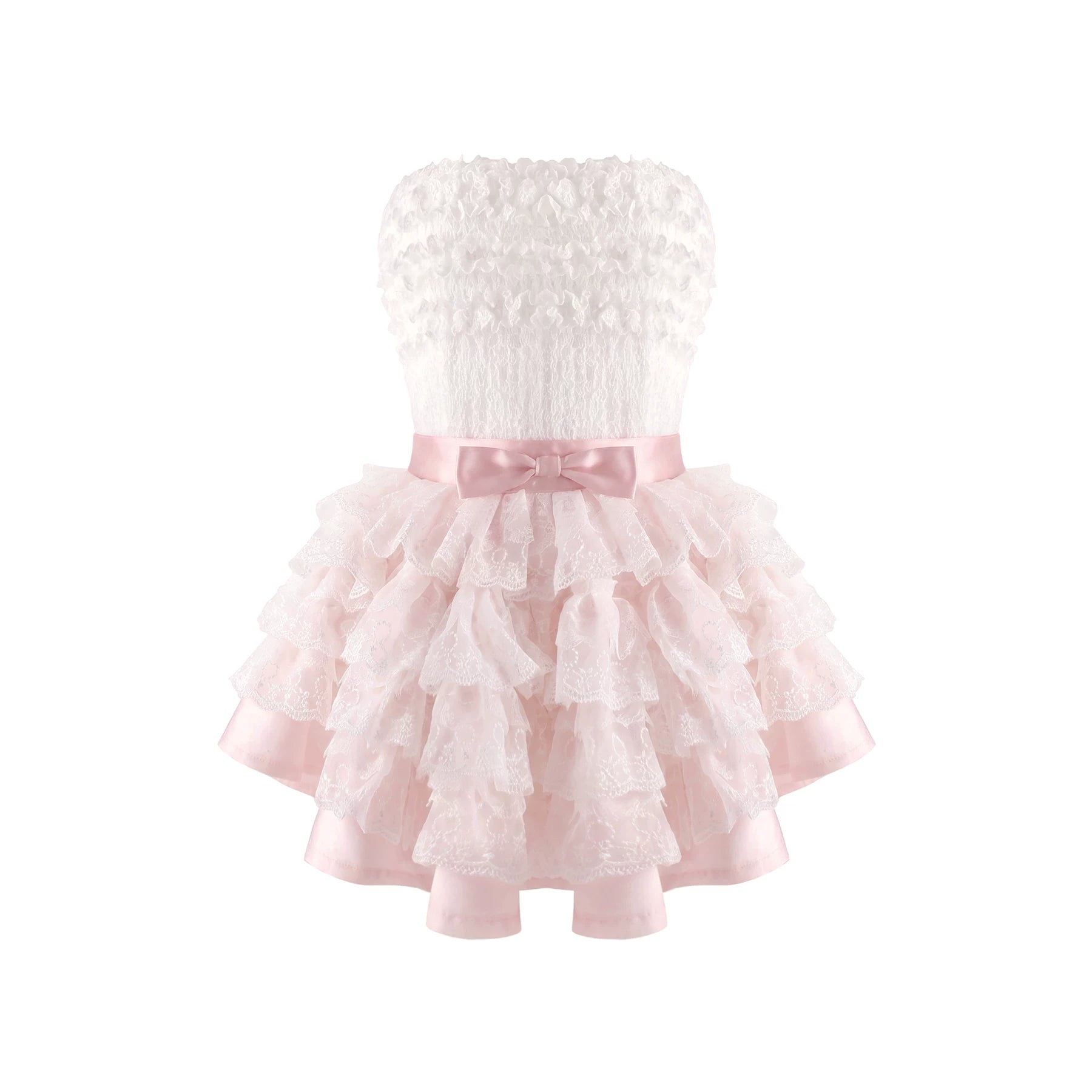 White lace dress with a pink ribbon on a white background
