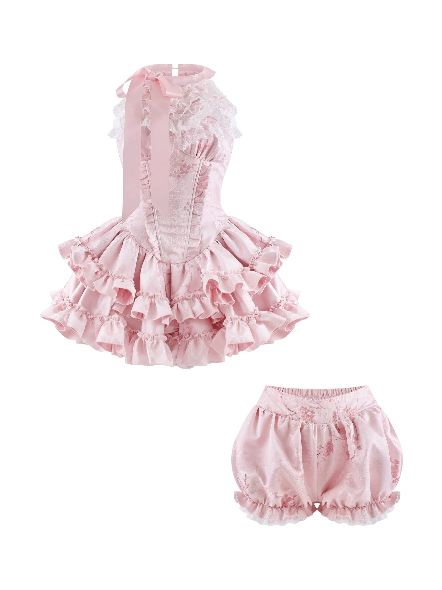 Serendipity Thousand Gold Full Bloom Pink Dress Shorts Two Piece Set