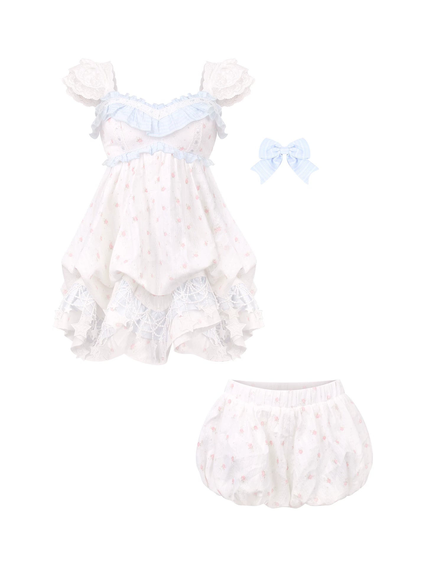 White baby outfit with blue accents on a white background