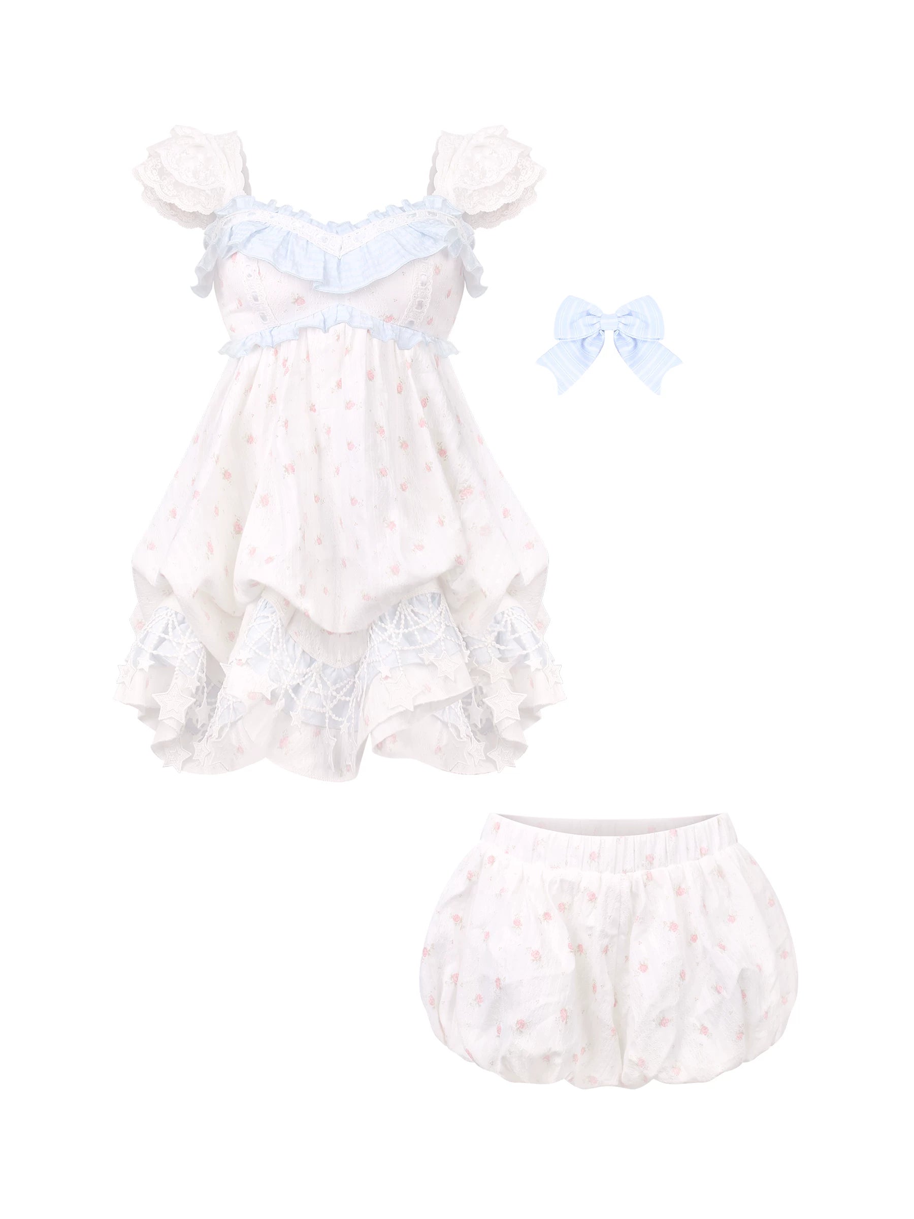 White baby outfit with blue accents on a white background