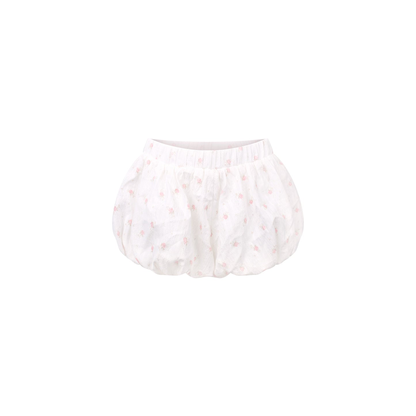 White baby bloomers with pink floral pattern on a white background