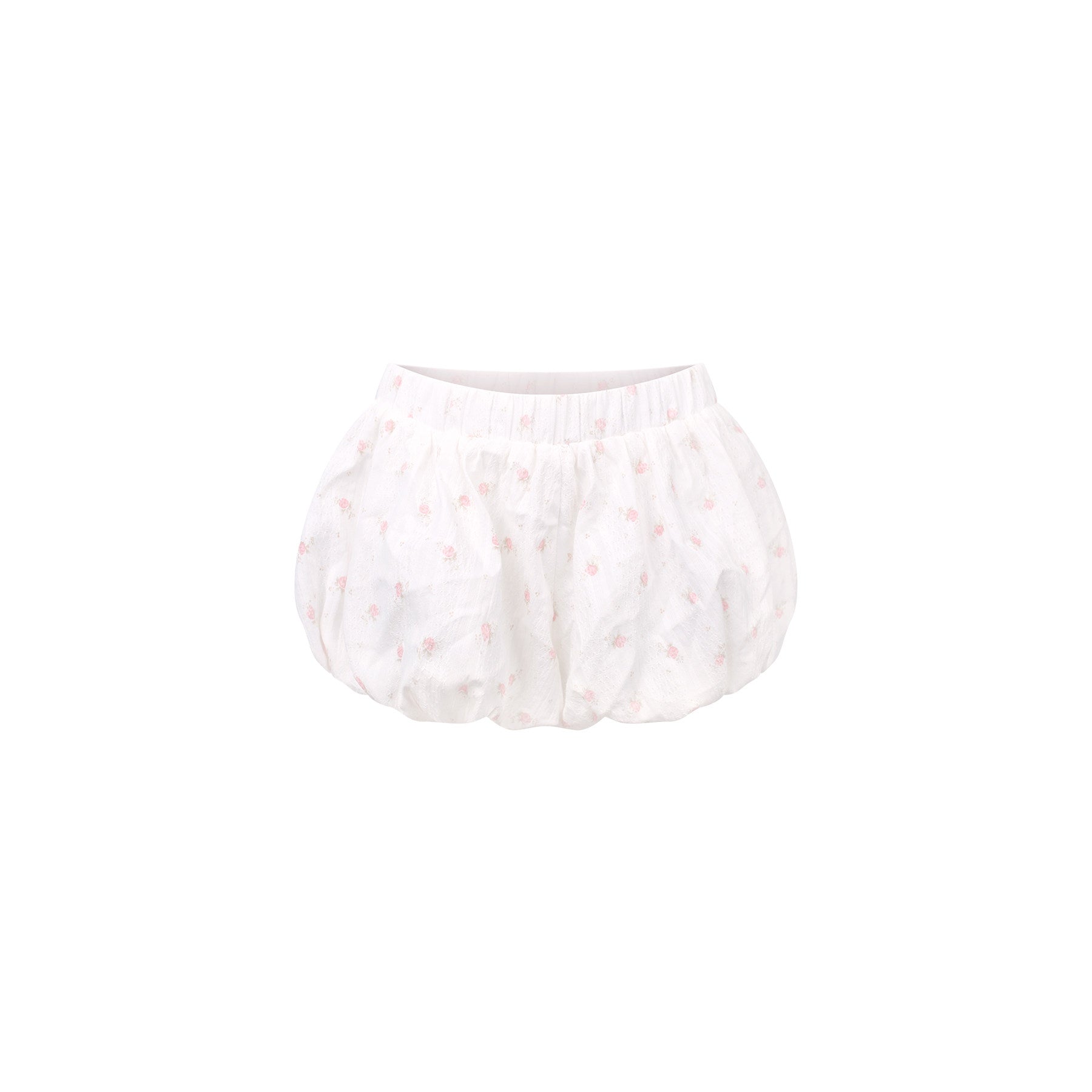 White baby bloomers with pink floral pattern on a white background