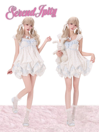 Woman in a white dress with ruffles holding a plush toy on a pink background