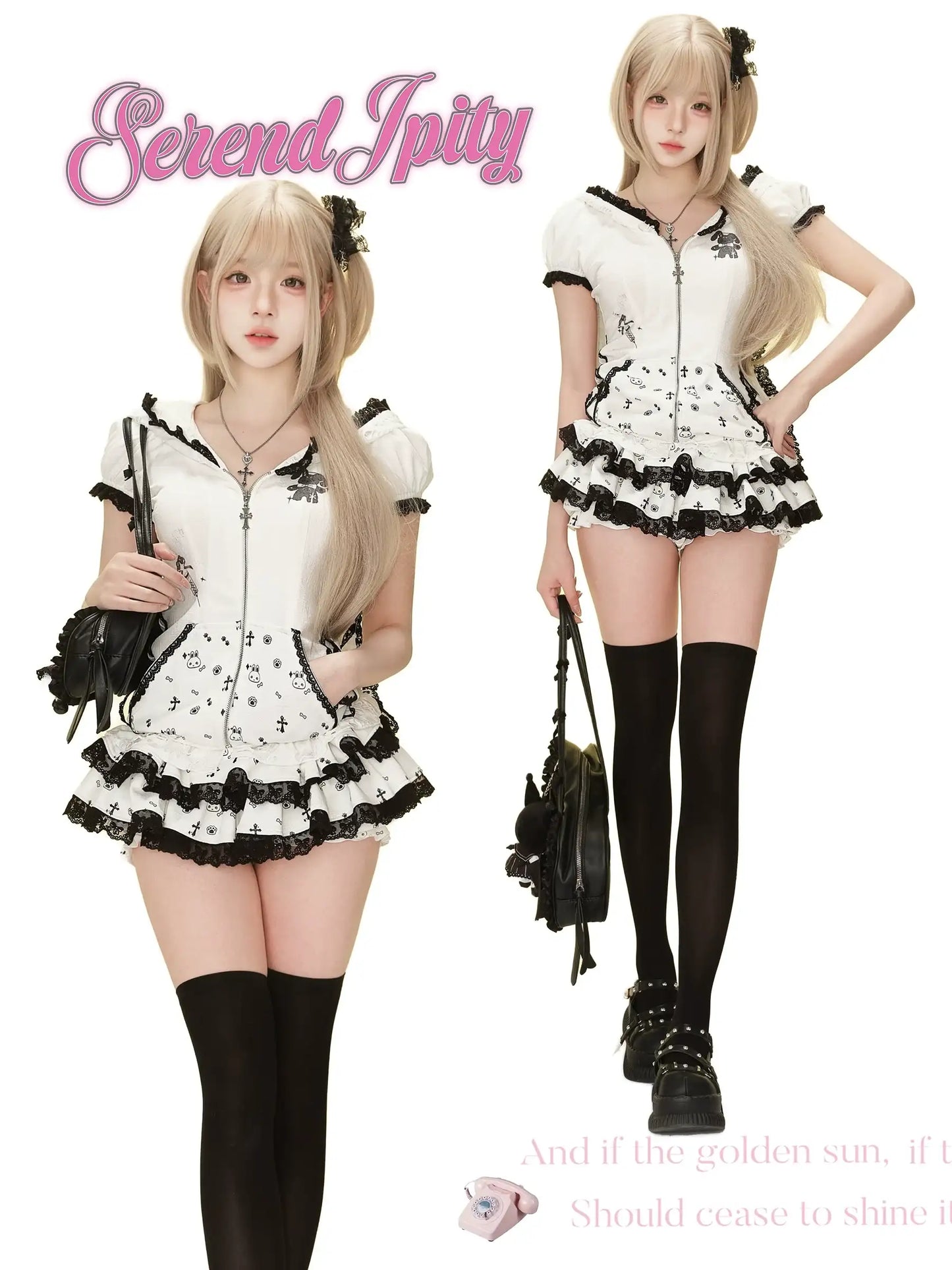 black-and-white quirky streetwear set with bunny motif