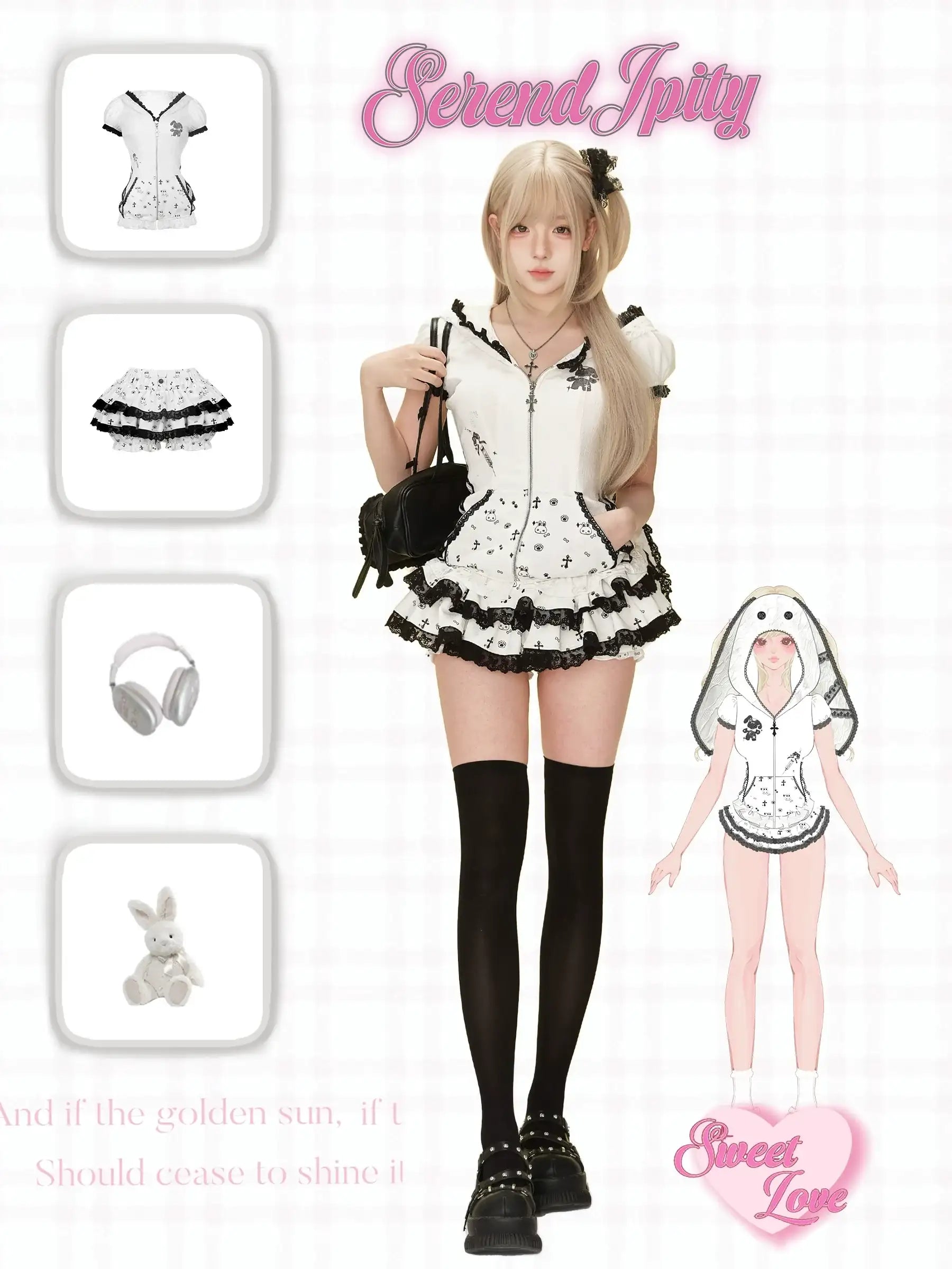 Harajuku-style rabbit doll hoodie paired with skirt