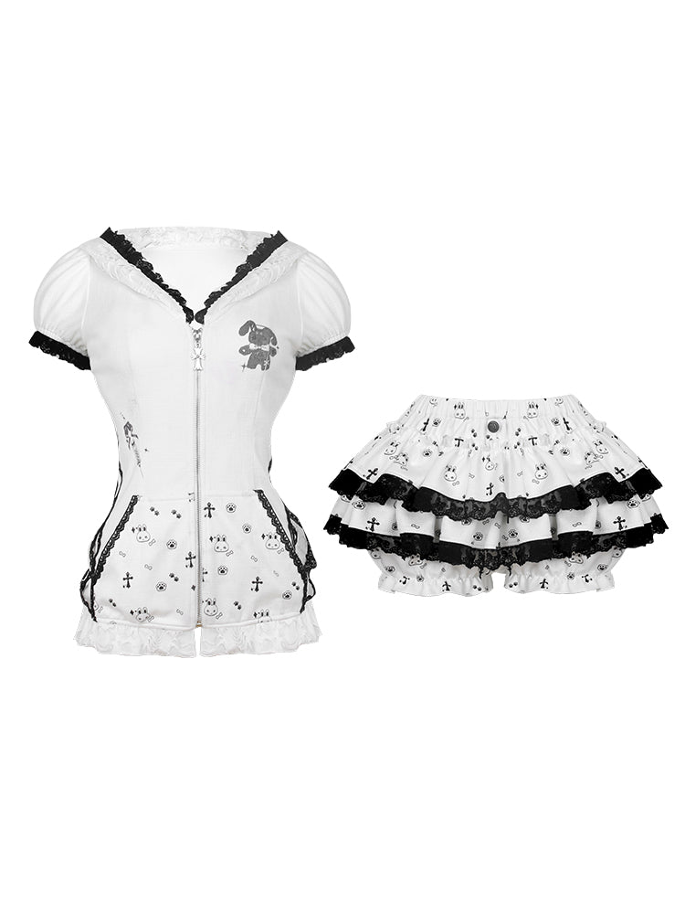 close-up of rabbit ear hoodie and lace trim details