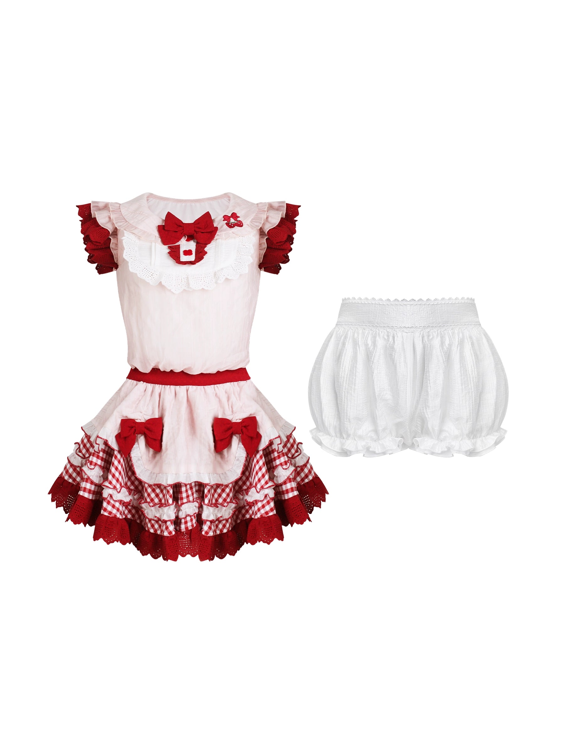 playful picnic two-piece set featuring berry motifs and flared skirt