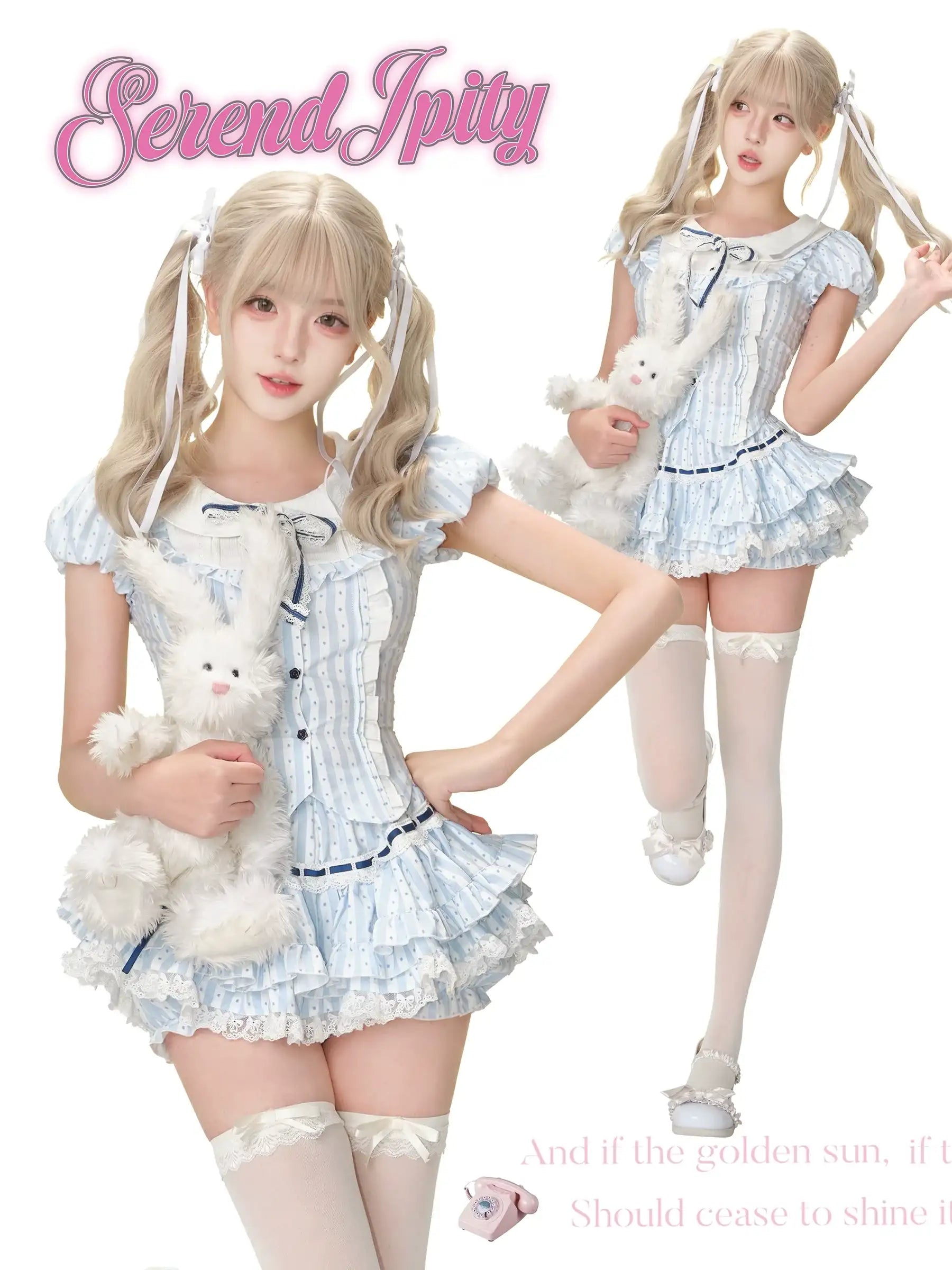 academia-inspired outfit in blue and white polka dots