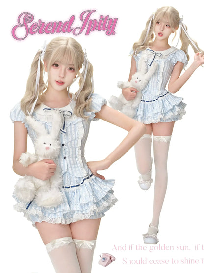 academia-inspired outfit in blue and white polka dots