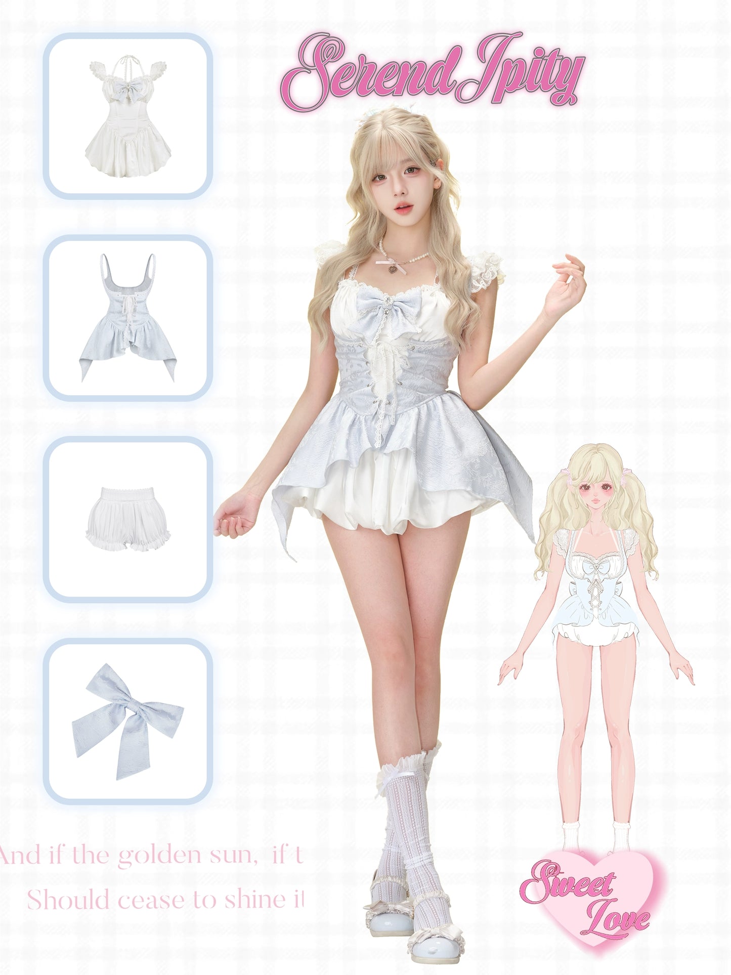 snow white mini dress with long blue embroidered corset vest and bloomers