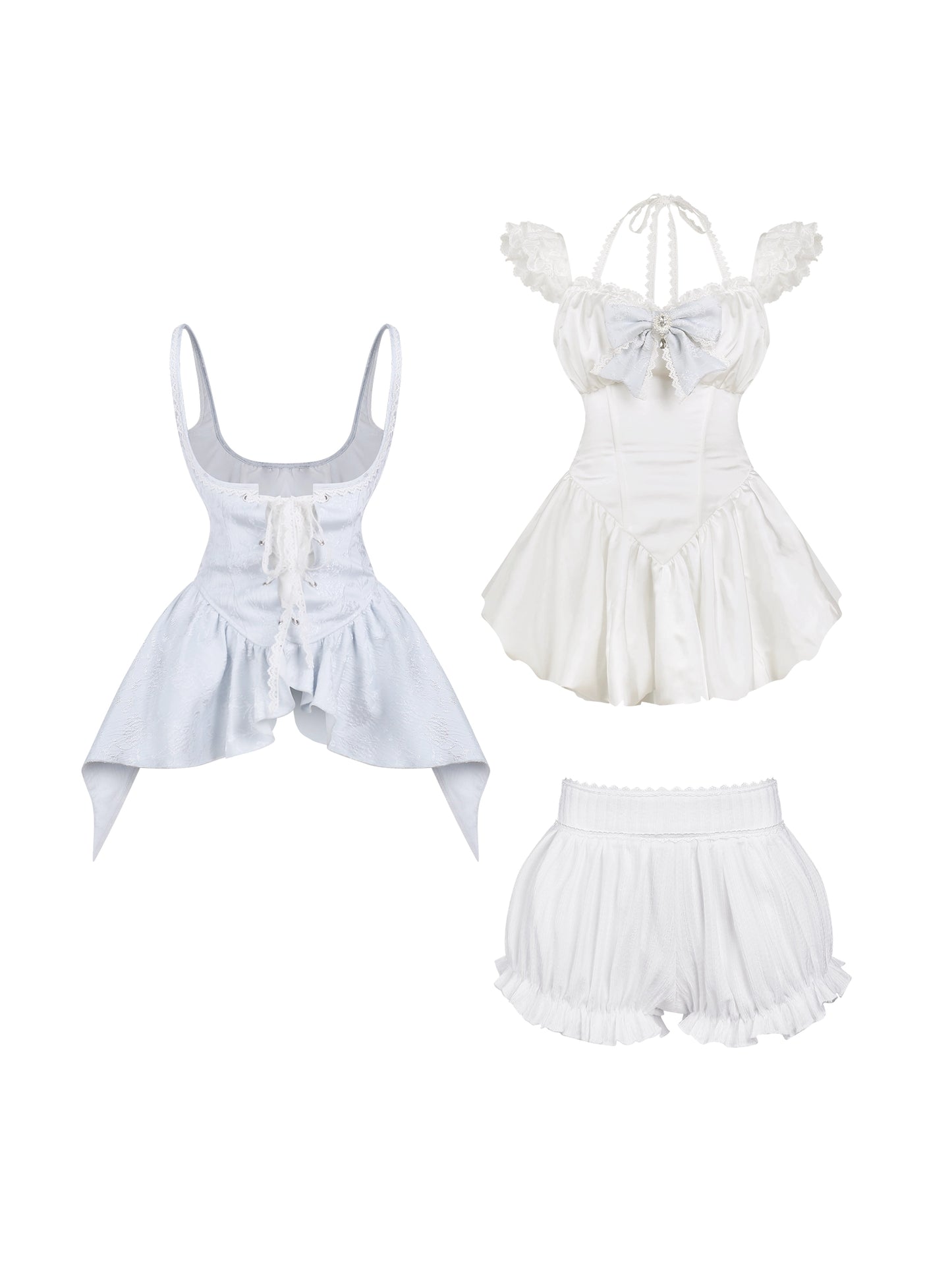 close-up of blue corset-style vest embroidery over a white dress