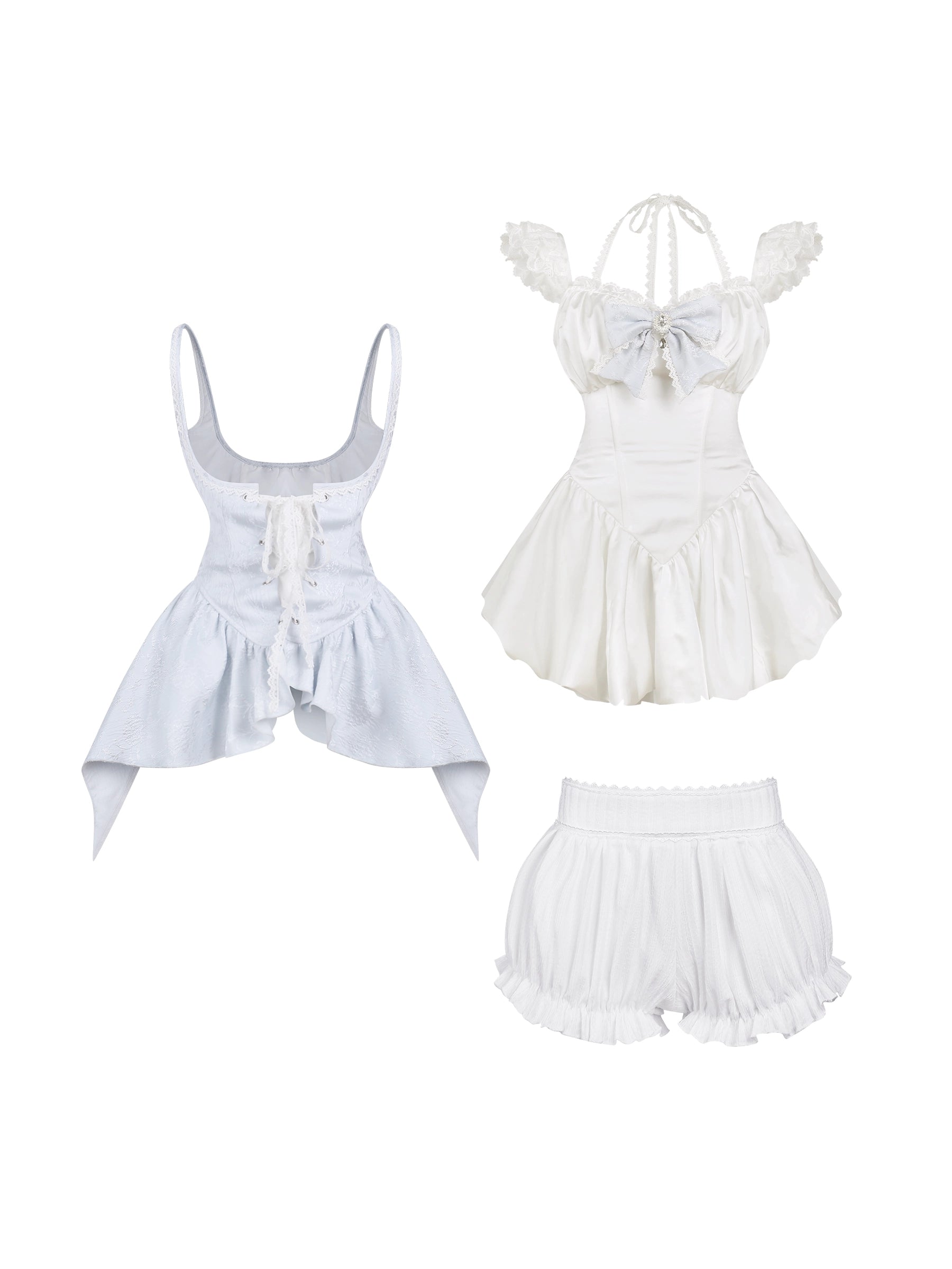 close-up of blue corset-style vest embroidery over a white dress