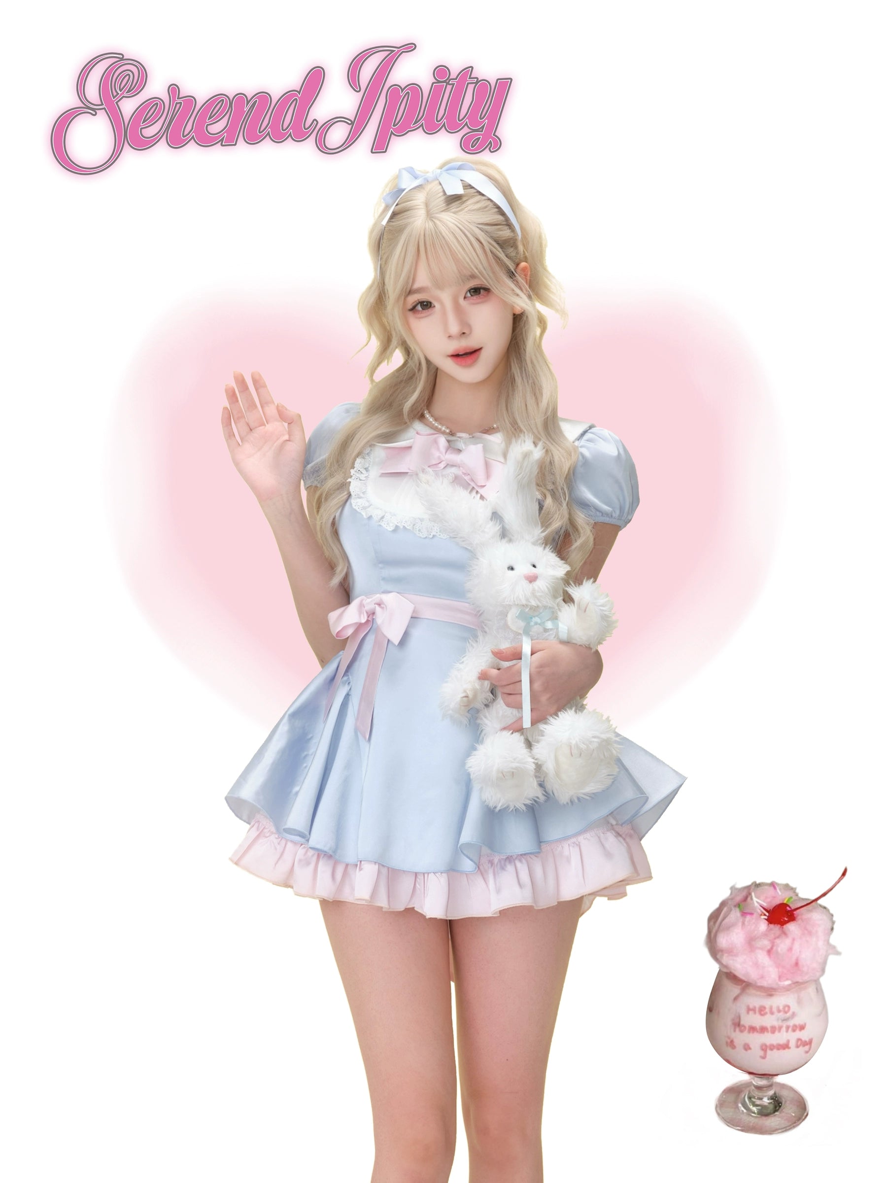 shiny ice-blue rococo dress with pink bows and matching bloomers