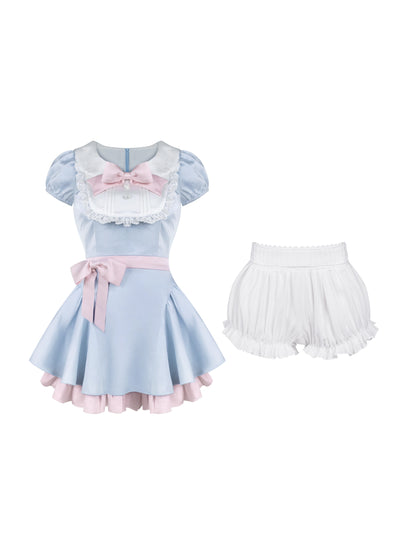 close-up of pastel blue dress fabric and decorative bows