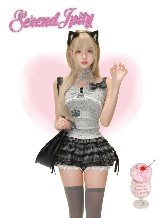 gray polka-dot cami with cat paw and fishbone print and black plaid bloomers